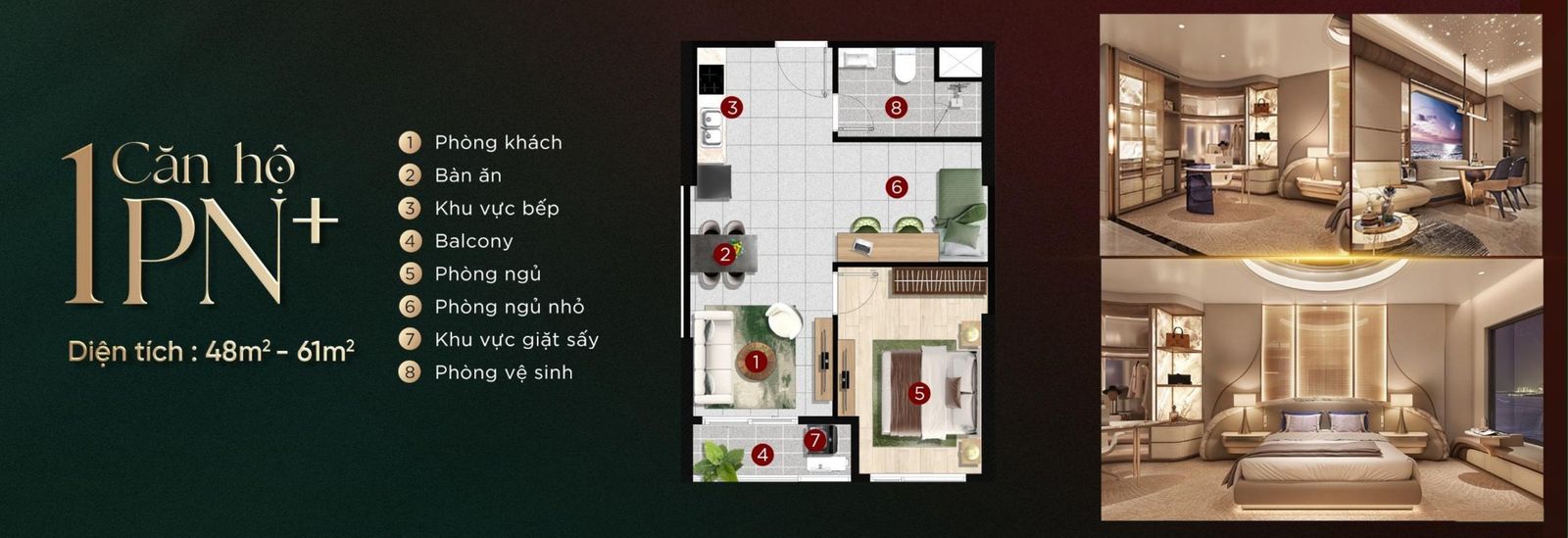 Mặt bằng chi tiết căn hộ 1 phòng ngủ+ có chú thích từng phòng