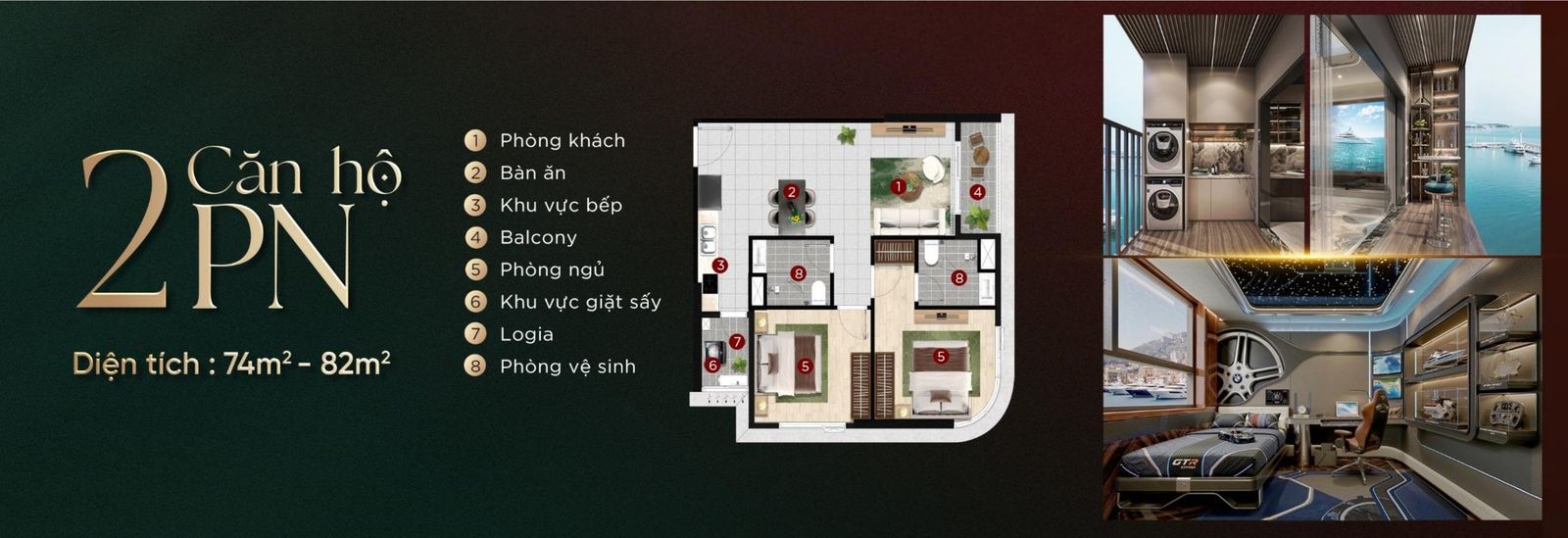 Mặt bằng chi tiết căn hộ 2 phòng ngủ có chú thích từng phòng
