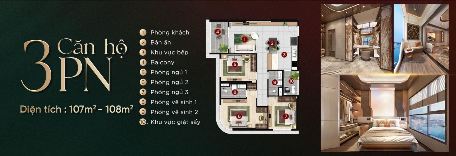 Mặt bằng chi tiết căn hộ 3 phòng ngủ có chú thích từng phòng